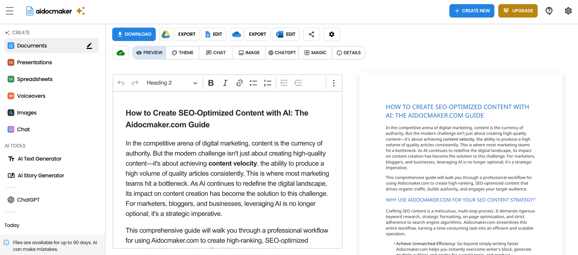 screenshot of generated document on Aidocmaker.com