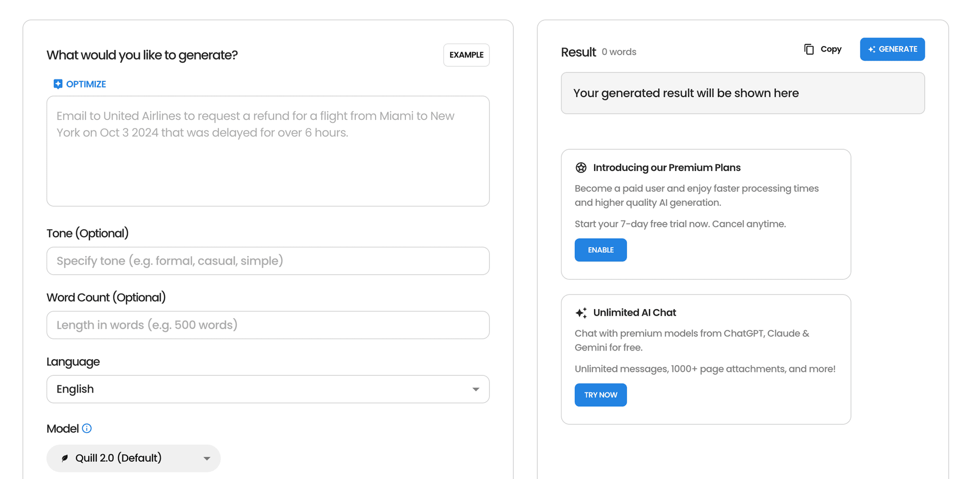 screenshot of AI text generator app on Aidocmaker.com